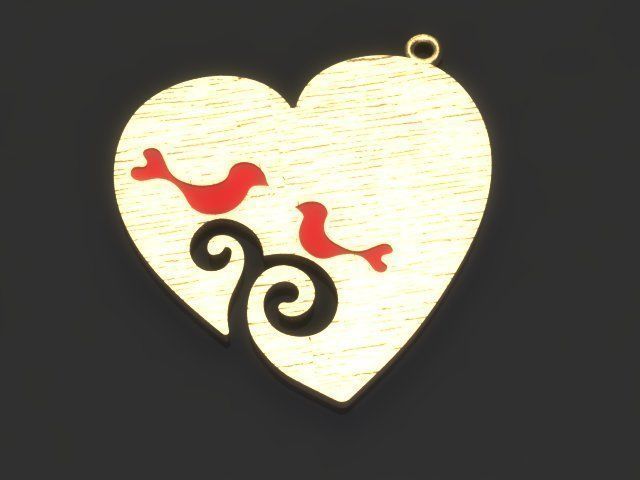 Enameled Heart Set gold with two birds 3D print model_2