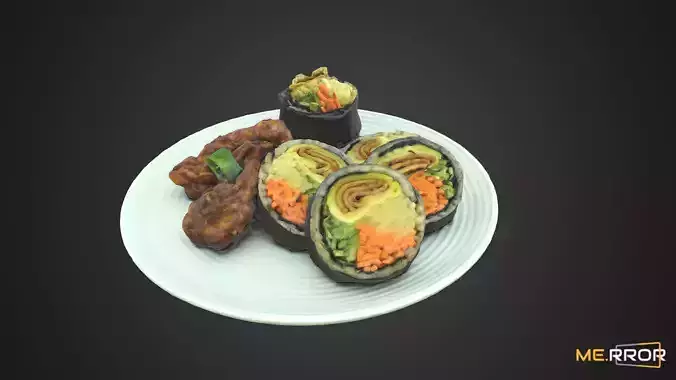 Korean Dish Rice Roll Gimabab and Chicken Low-poly 3D model