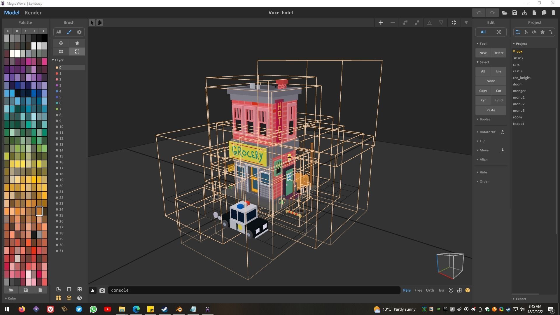 Voxel 3d hotel with grocery store and a police car 3D model_5