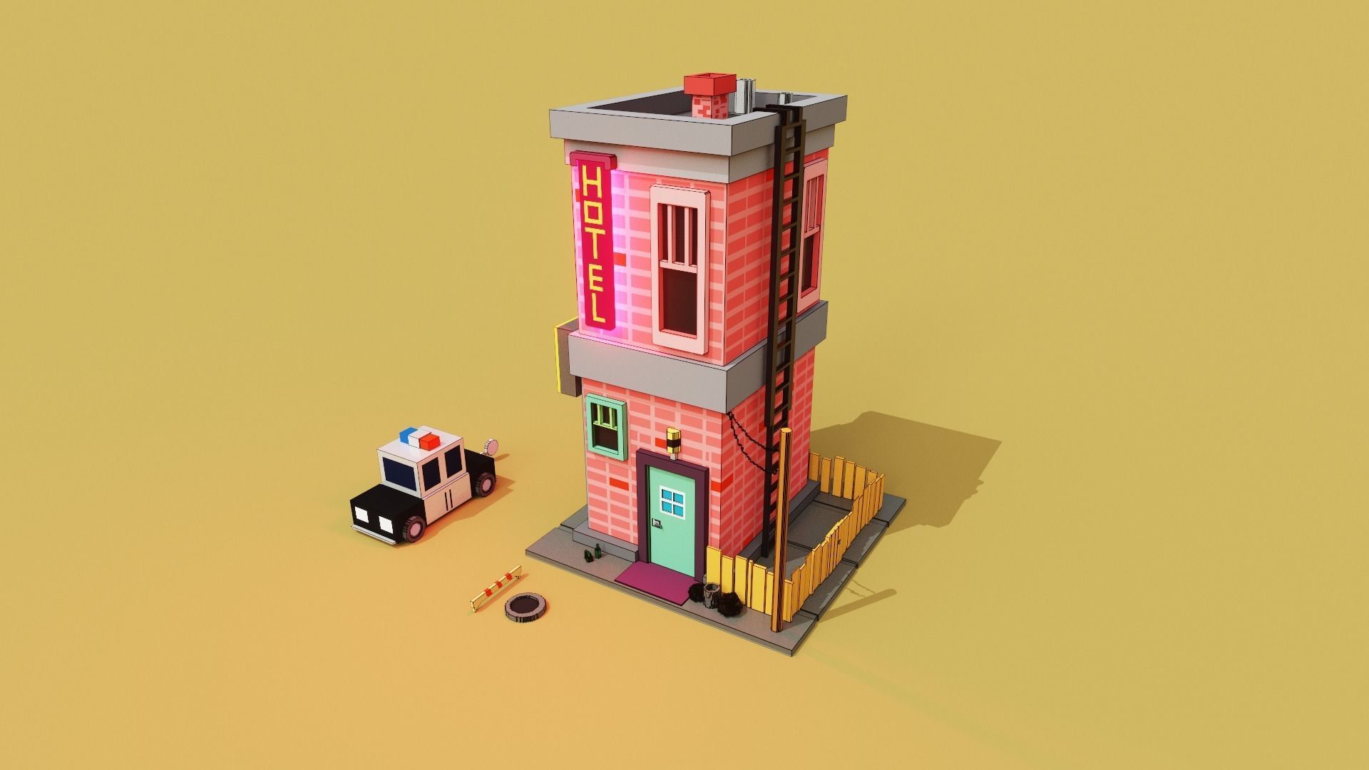 Voxel 3d hotel with grocery store and a police car 3D model_7