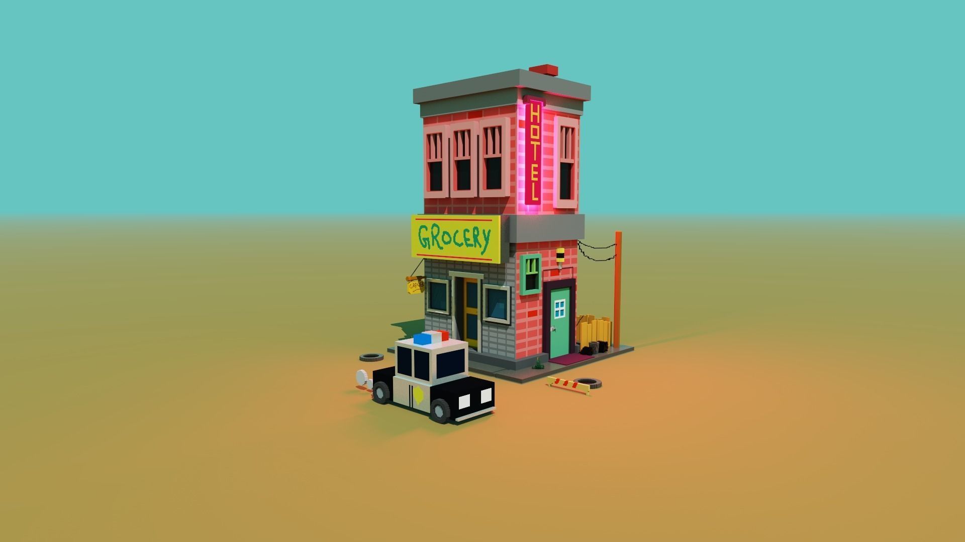 Voxel 3d hotel with grocery store and a police car 3D model_3
