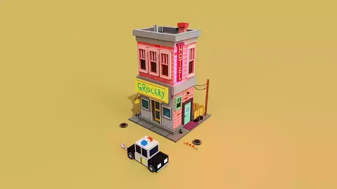 Voxel 3d hotel with grocery store and a police car