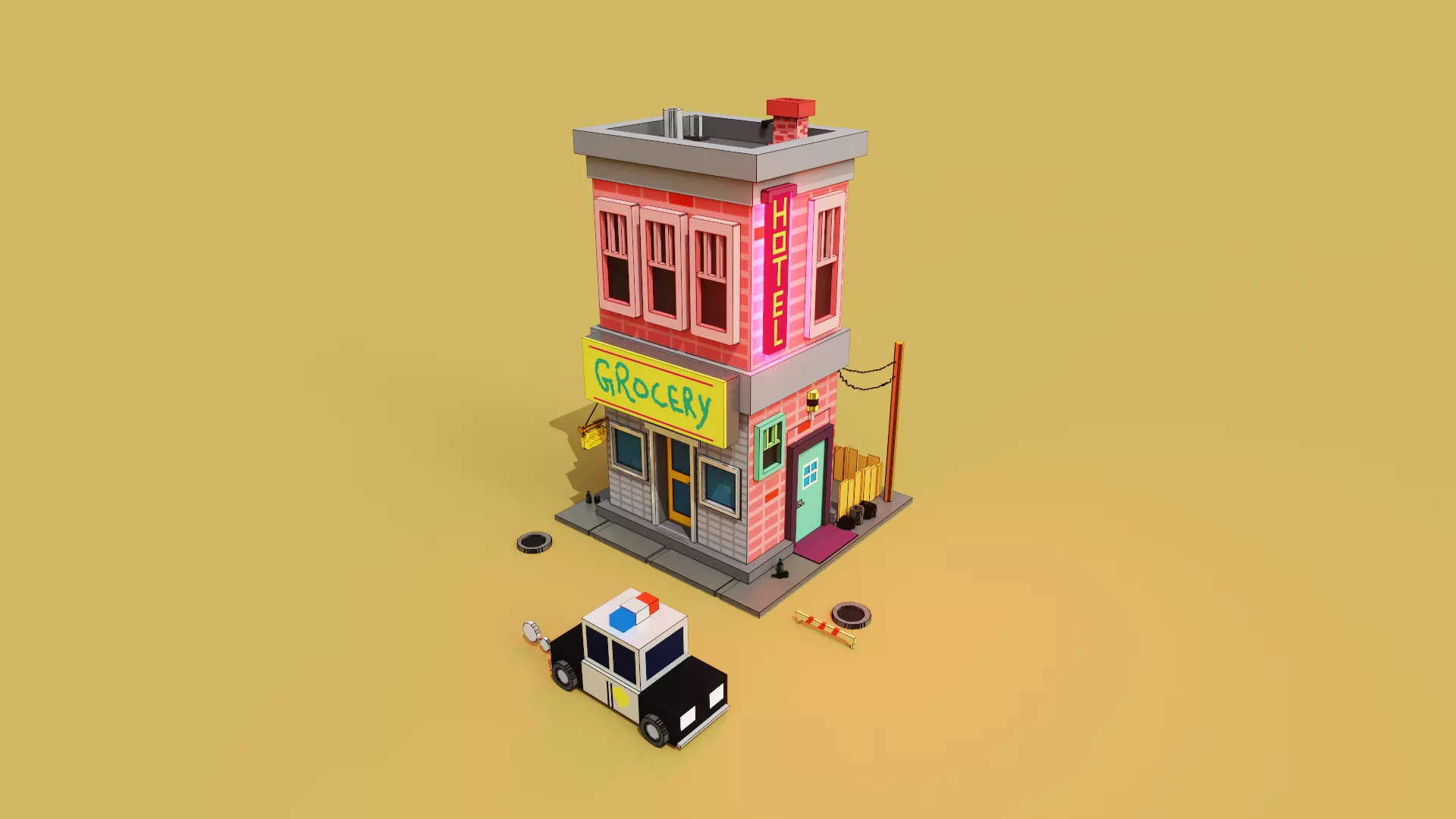 Voxel 3d hotel with grocery store and a police car 3D model_0
