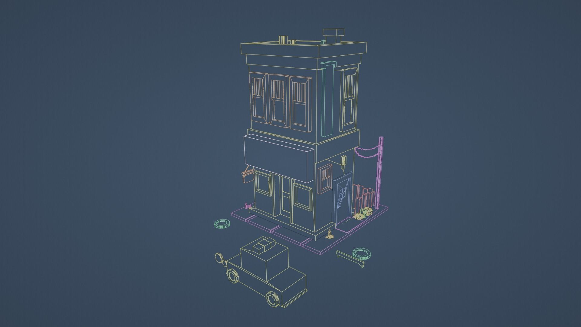 Voxel 3d hotel with grocery store and a police car 3D model_6