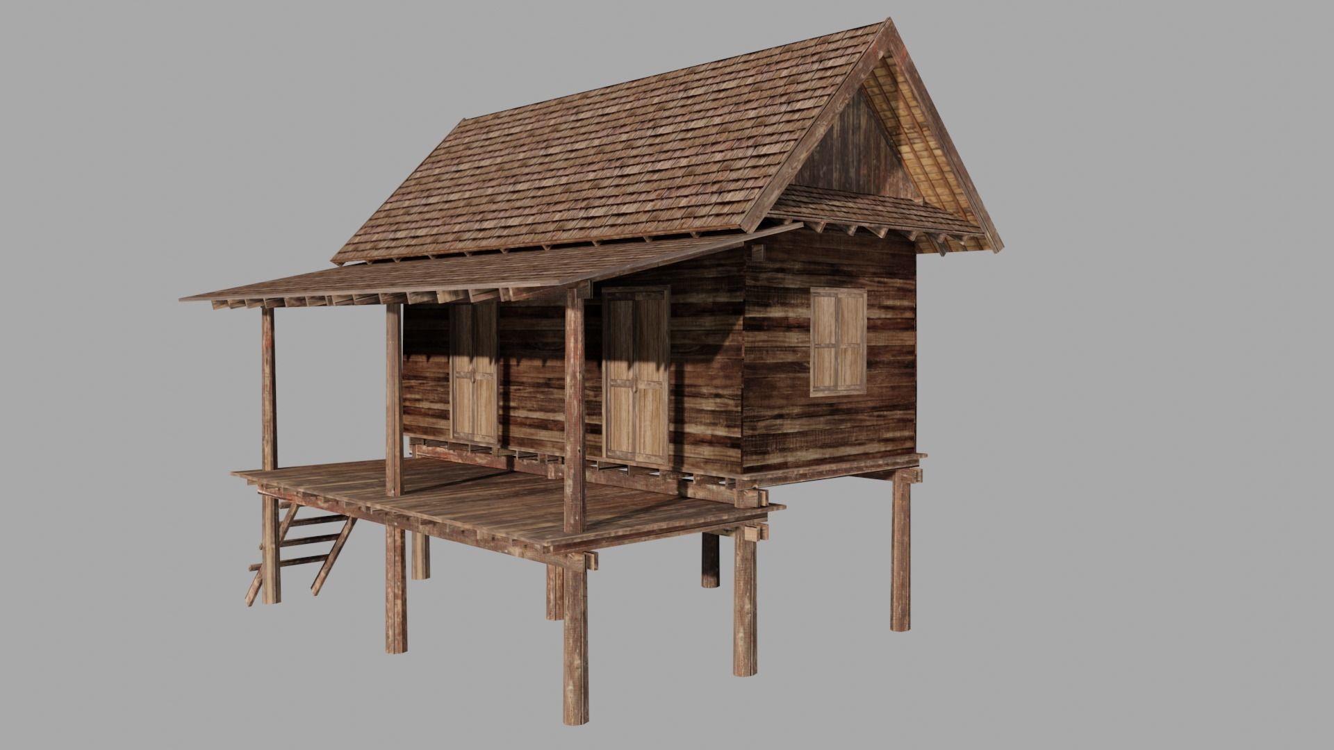 Ancient Thai wooden house Low-poly 3D model_1