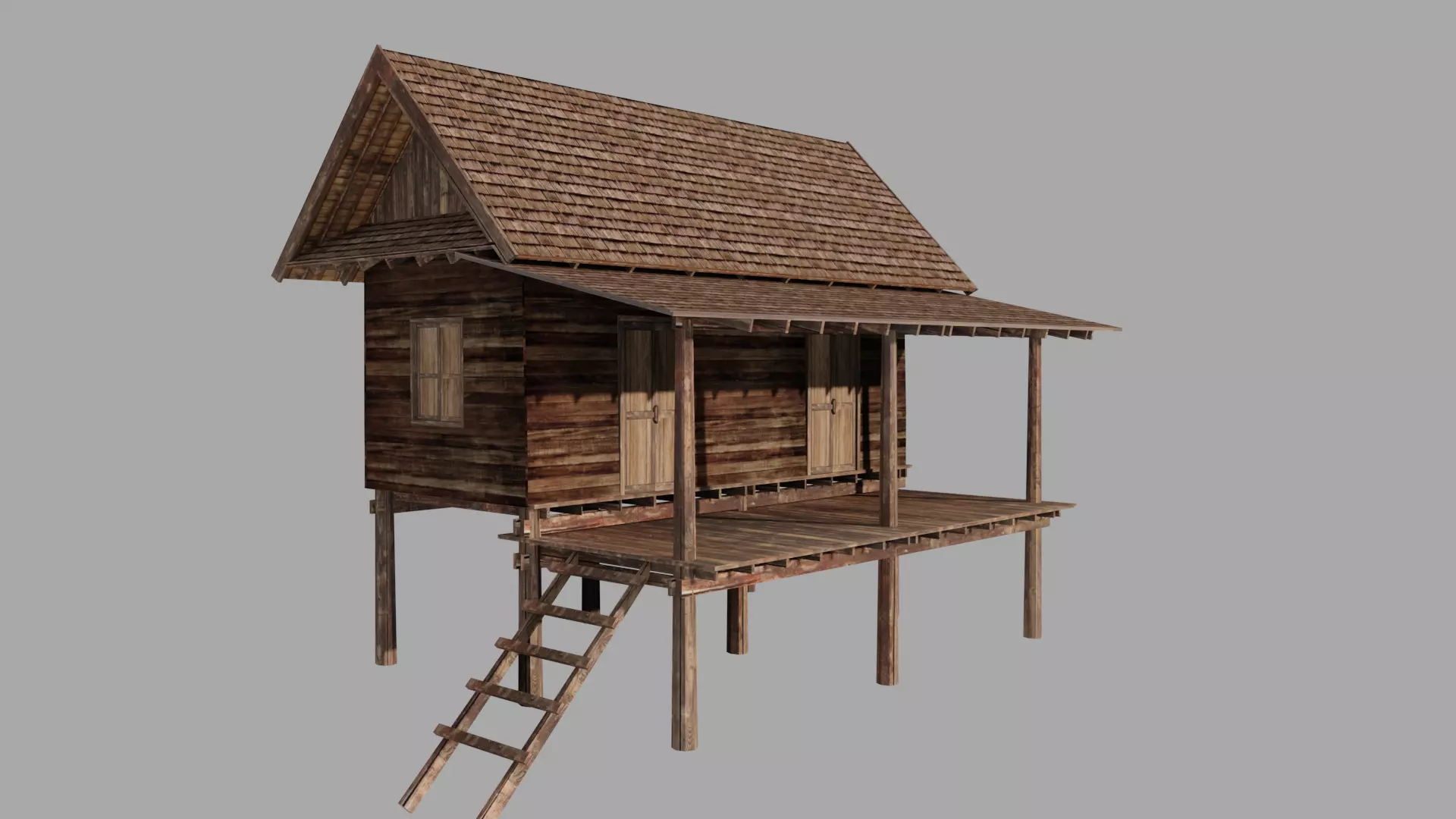 Ancient Thai wooden house Low-poly 3D model_0