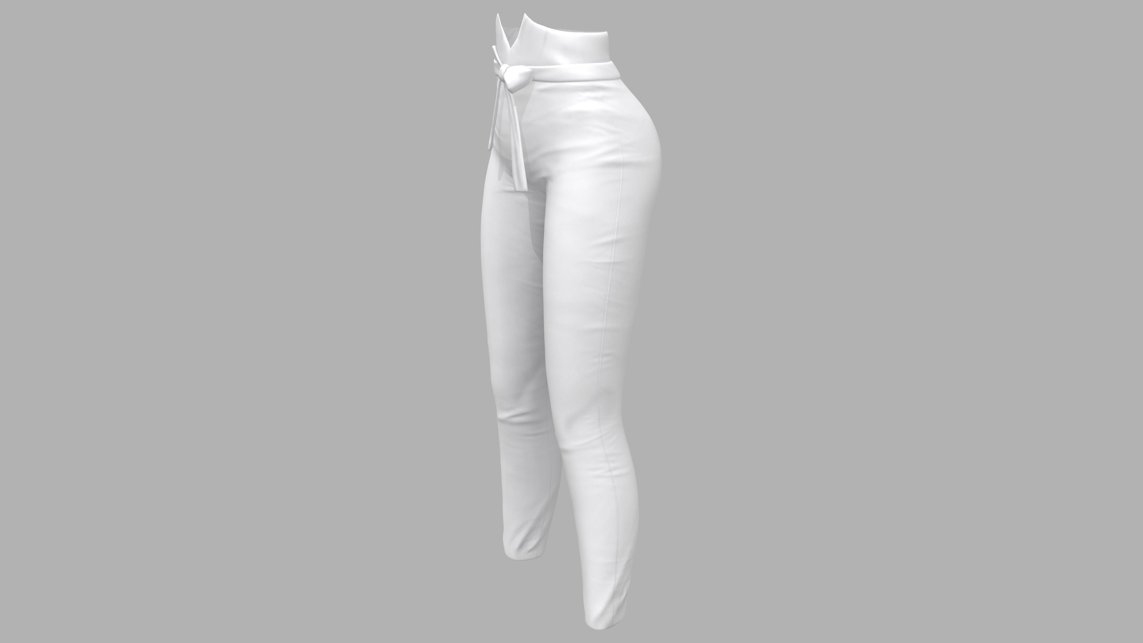 Female White High Waist Pants With Bow Tie Belt Low-poly 3D model_2