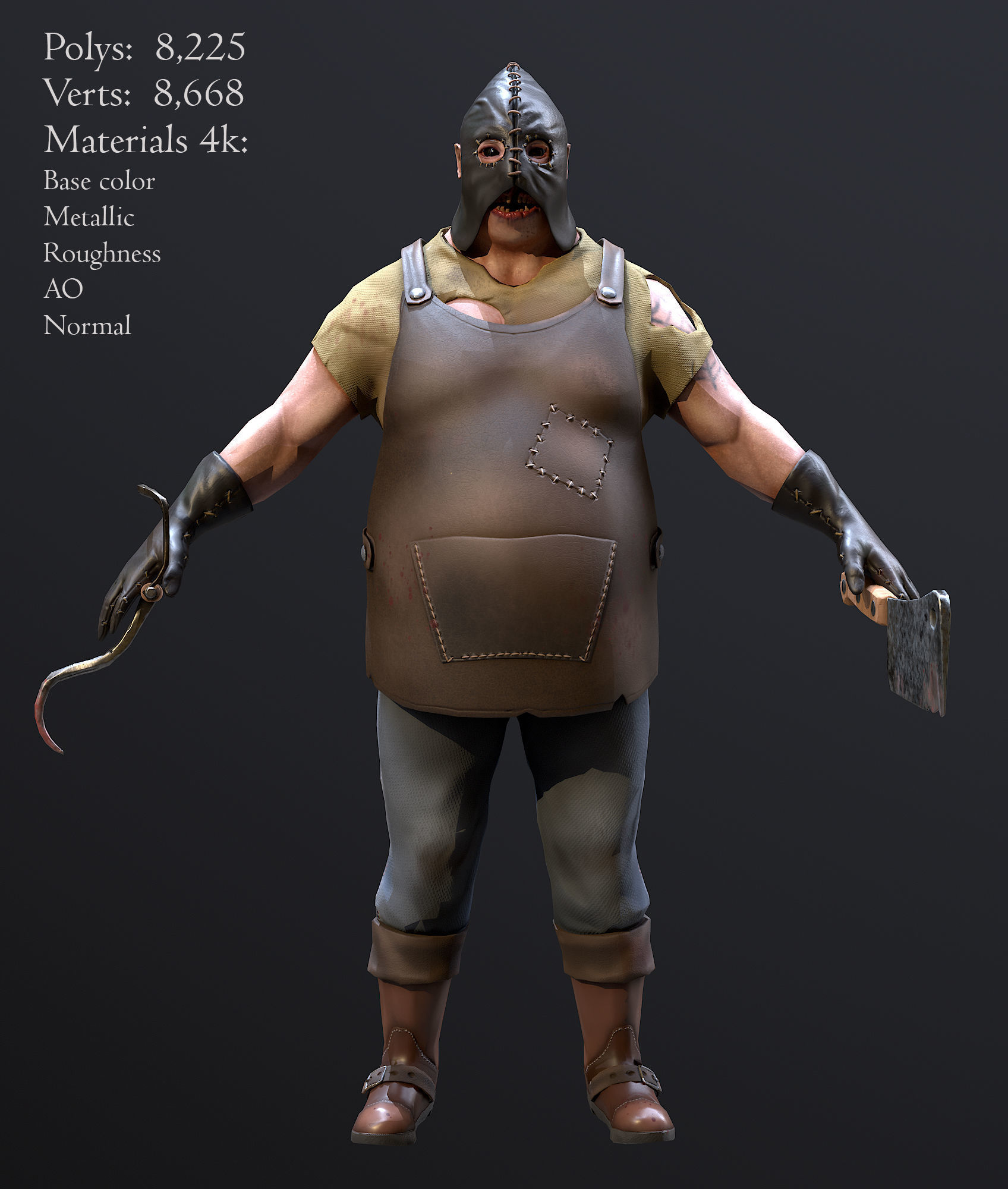 Butcher lowpoly 3d model metal tool with wooden handle Low-poly 3D model_2