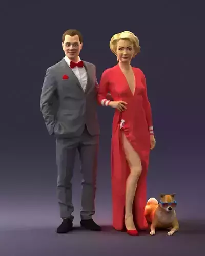 Businessman with woman in red dress and dog 0144 3D Print Ready