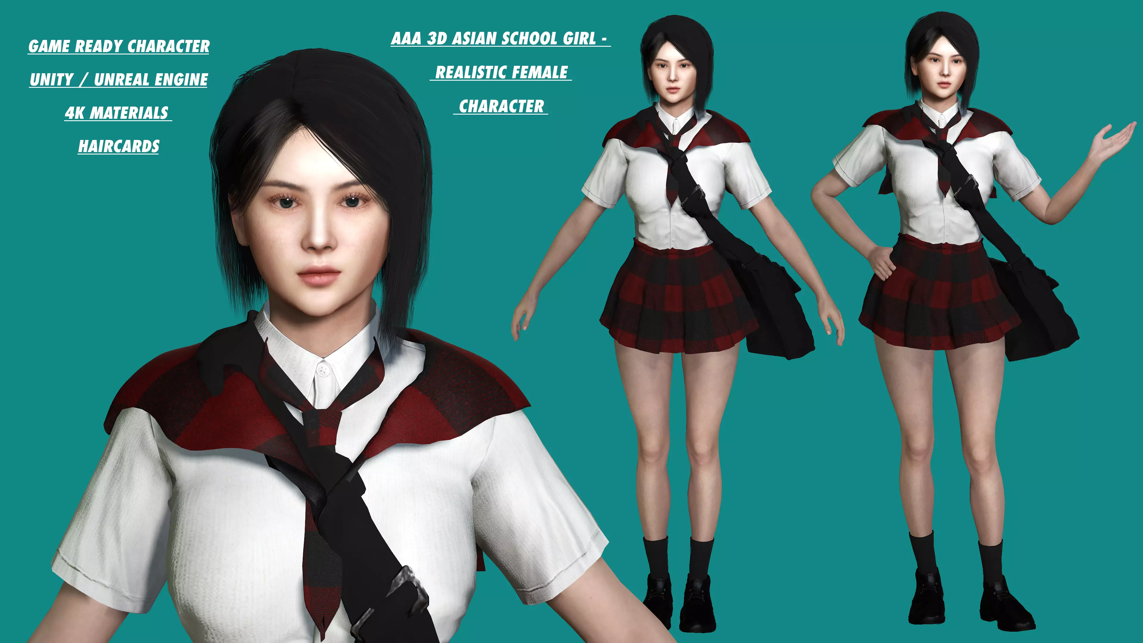 AAA 3D ASIAN SCHOOL GIRL - REALISTIC GAME READY CHARACTER Low-poly 3D model