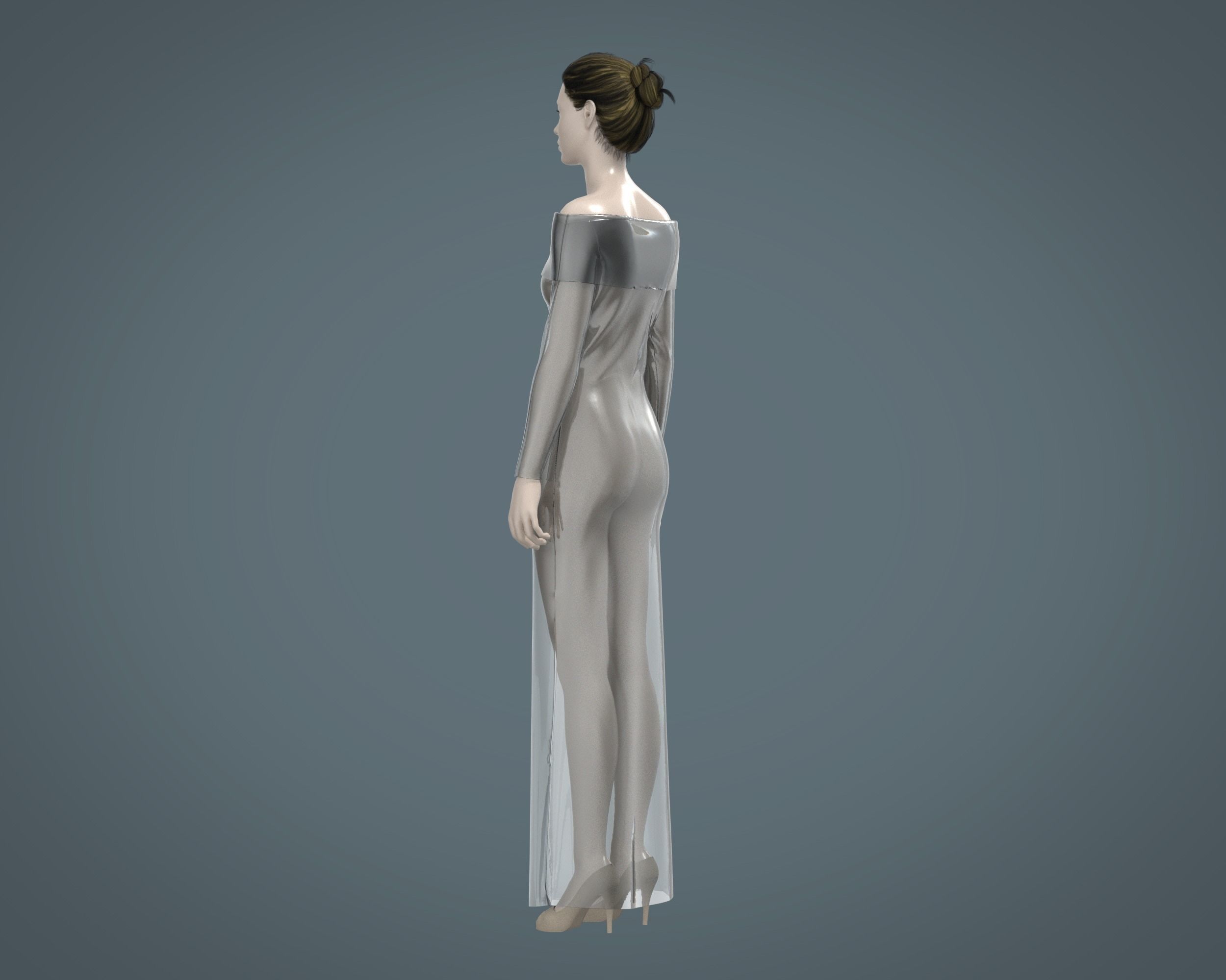 Ladies Shoulder Long Dress-Metaverse 3D model_4