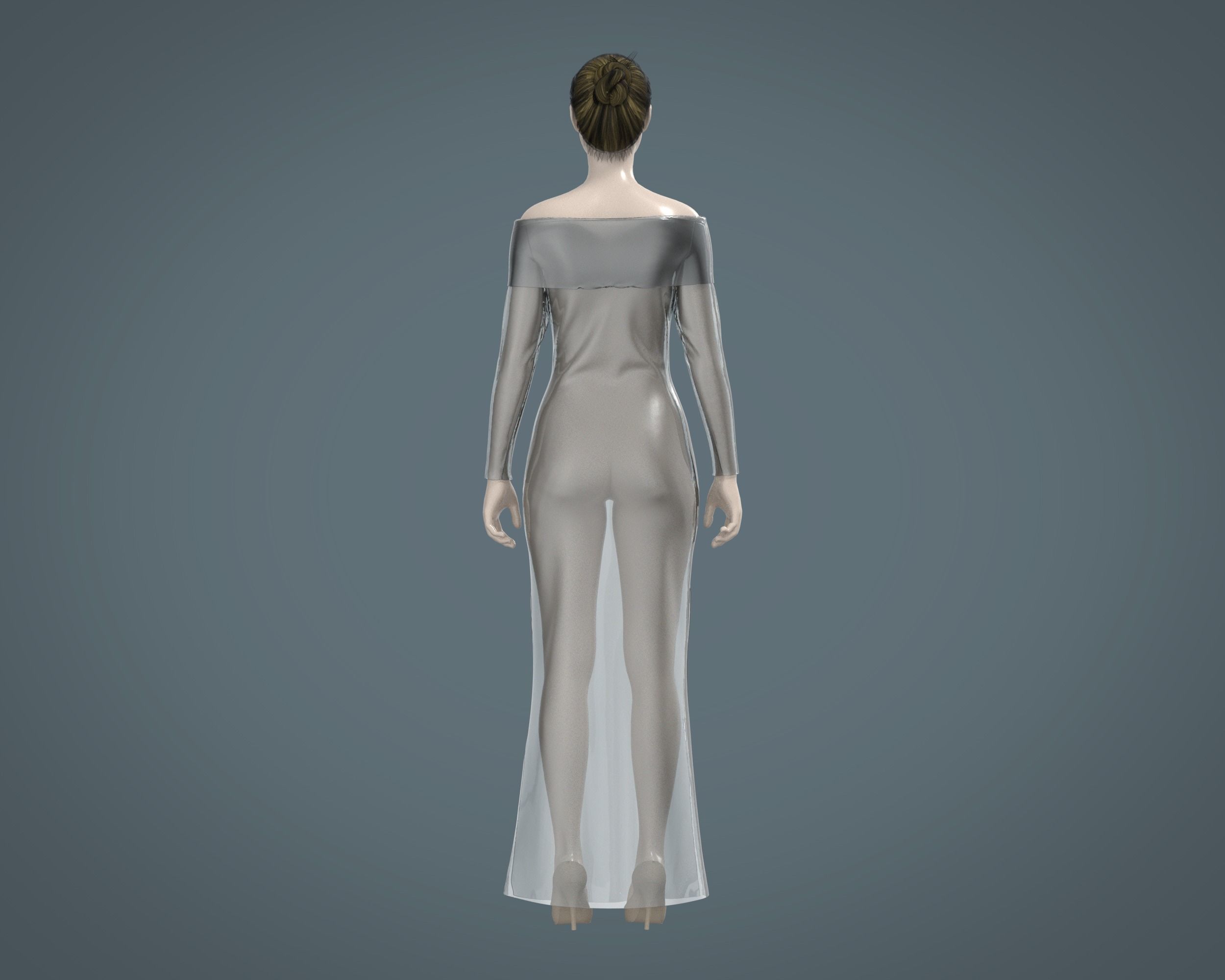 Ladies Shoulder Long Dress-Metaverse 3D model_3