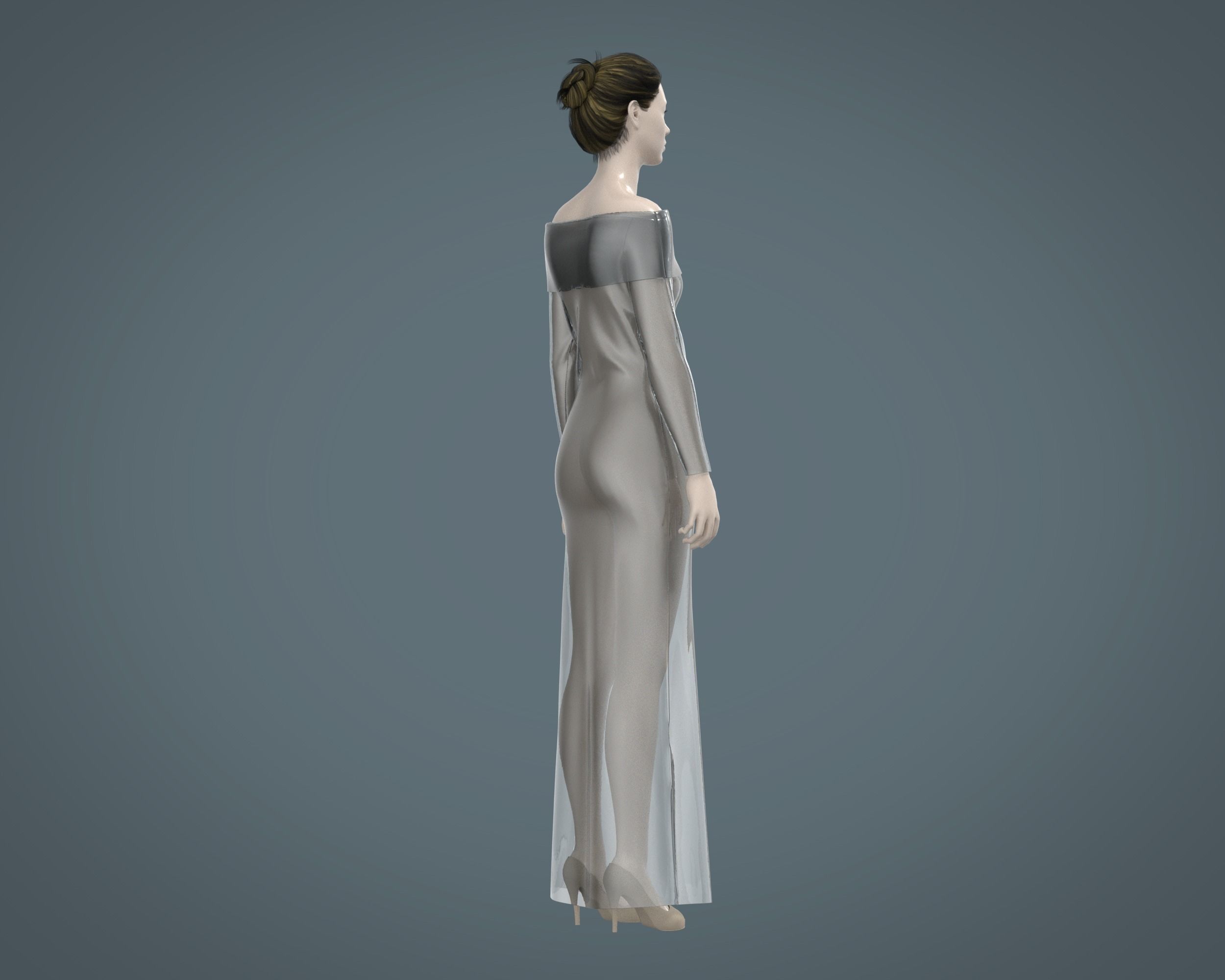 Ladies Shoulder Long Dress-Metaverse 3D model_2