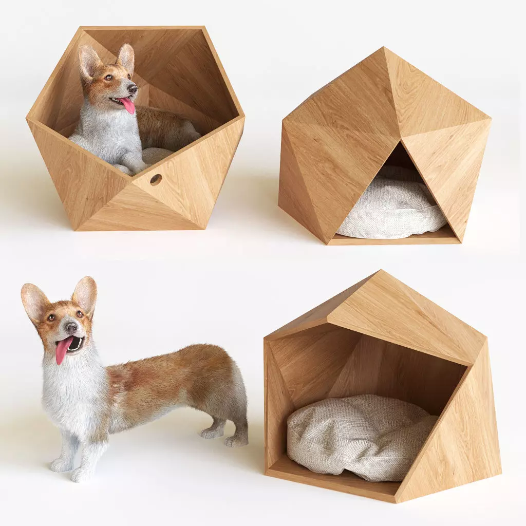 Corgi wooden dog bed in hexagonal shape 3D model