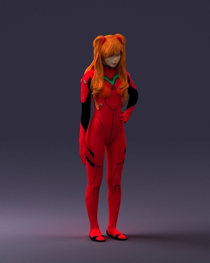 000354 Female Character in Red SciFi Suit Low-poly 3D model_7