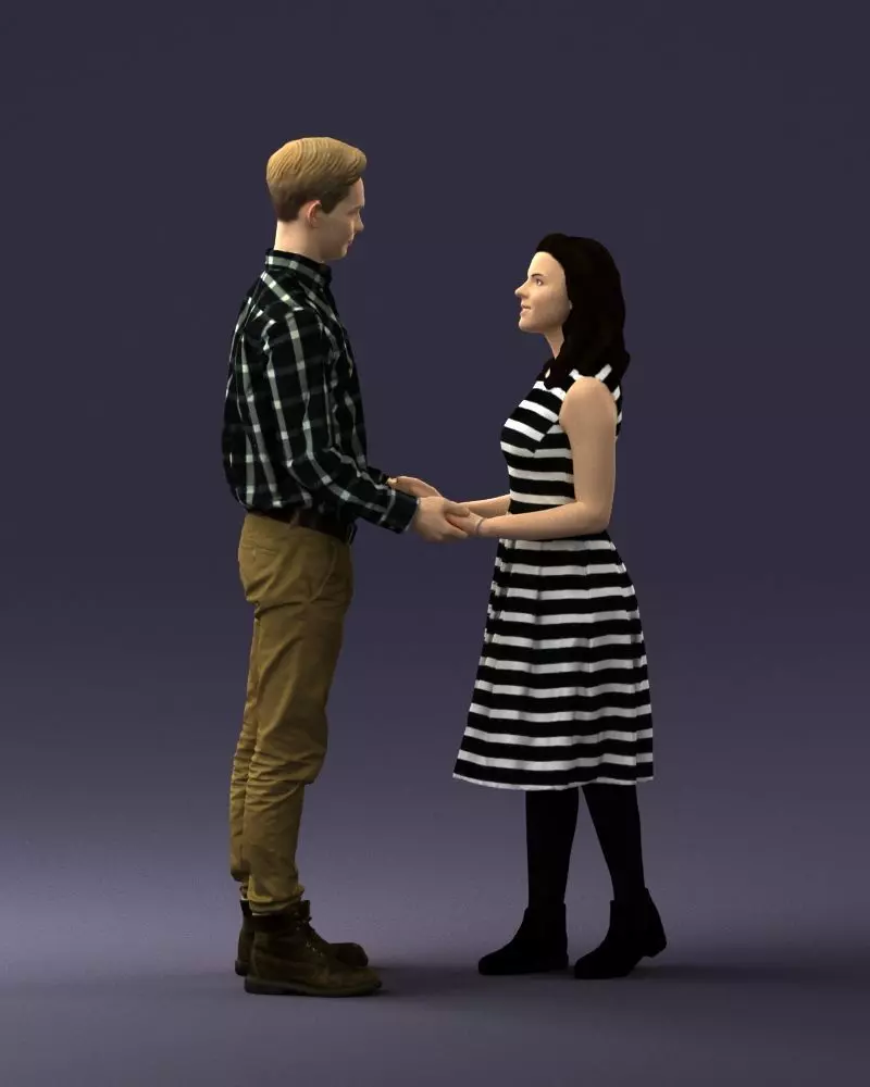 000370 Couple Holding Hands Plaid Shirt and Striped Dress 3D model