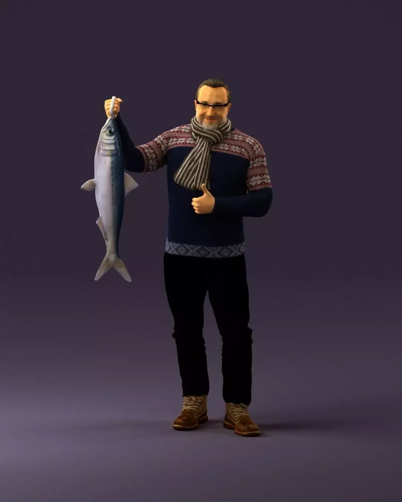 000963 Cozy beard man in glasses with fish 0963 3D model