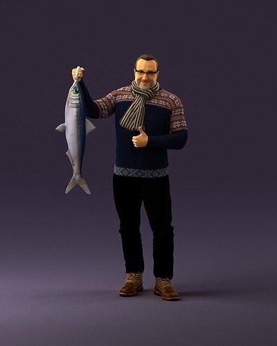 Cozy beard man in glasses with fish 0963 3D model