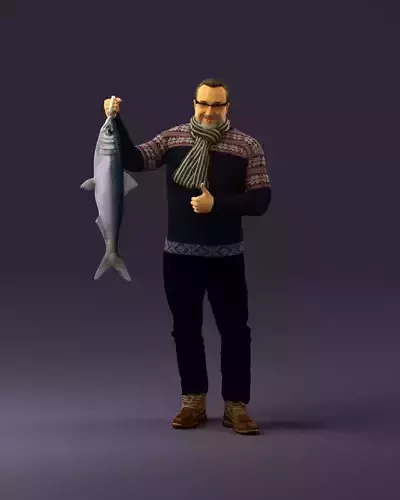 Cozy beard man in glasses with fish 0963