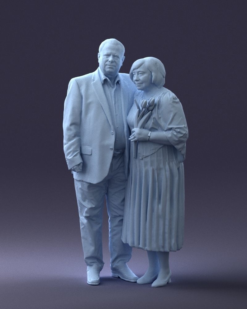 000186 Elderly Couple Standing with Flowers 1001 3D model_1