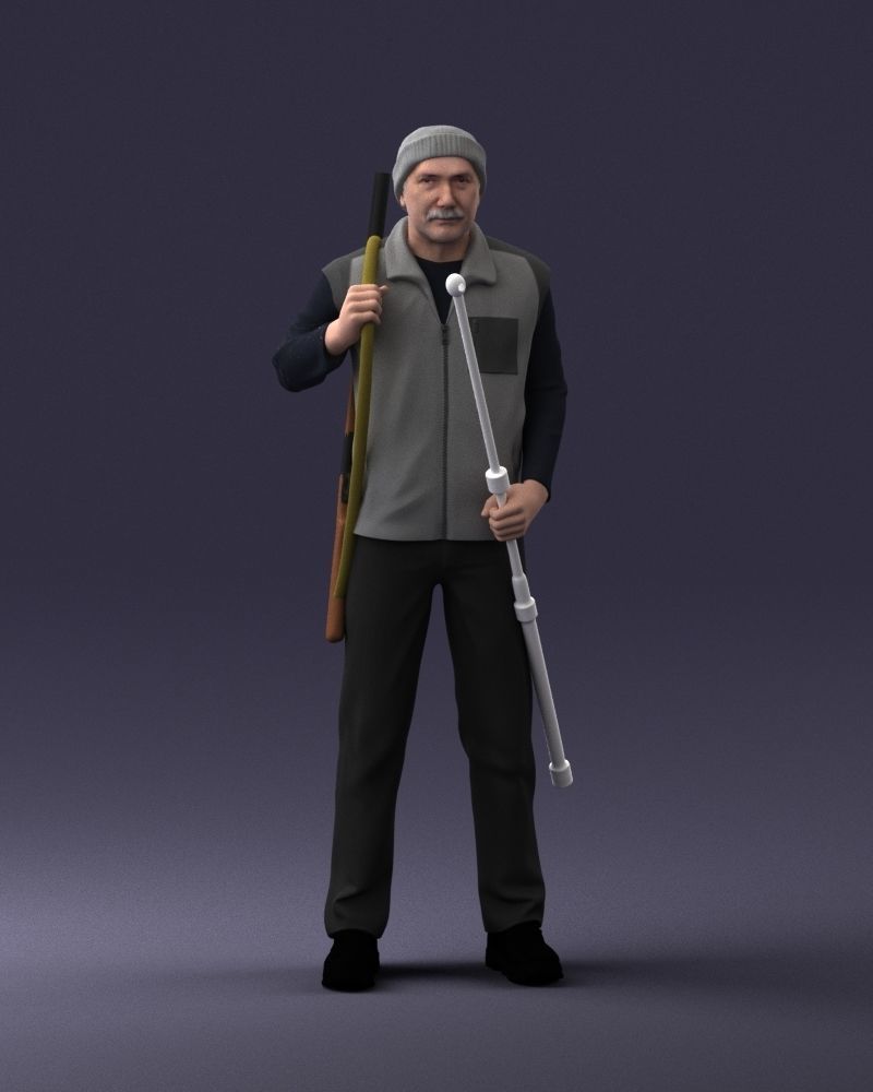 000337 Older Man with Rifle and Fishing Rod 0206 3D model_4