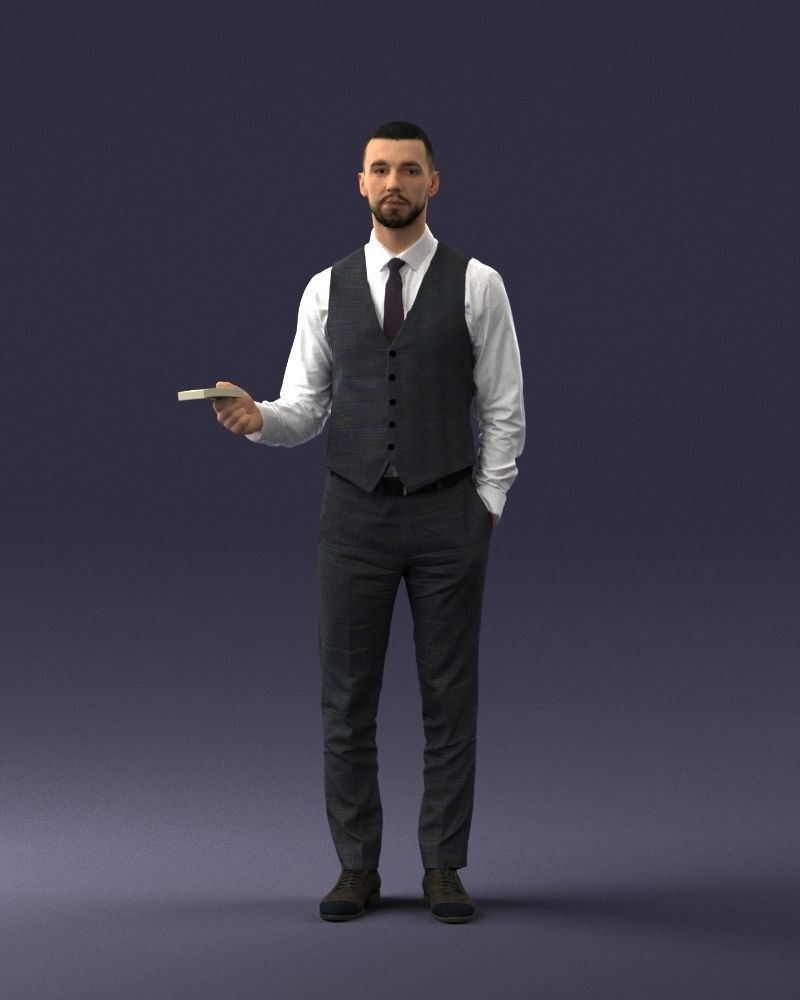 000235 Businessman in Vest Suit Holding Money 1224 3D model_34