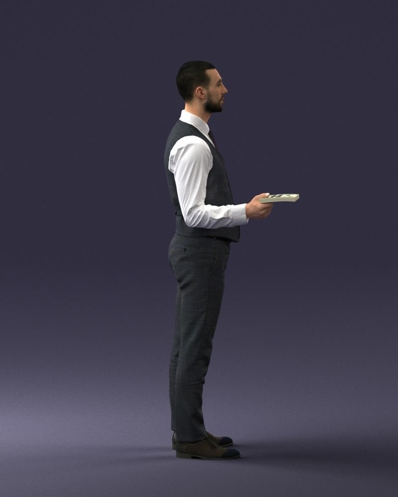 000235 Businessman in Vest Suit Holding Money 1224 3D model_13
