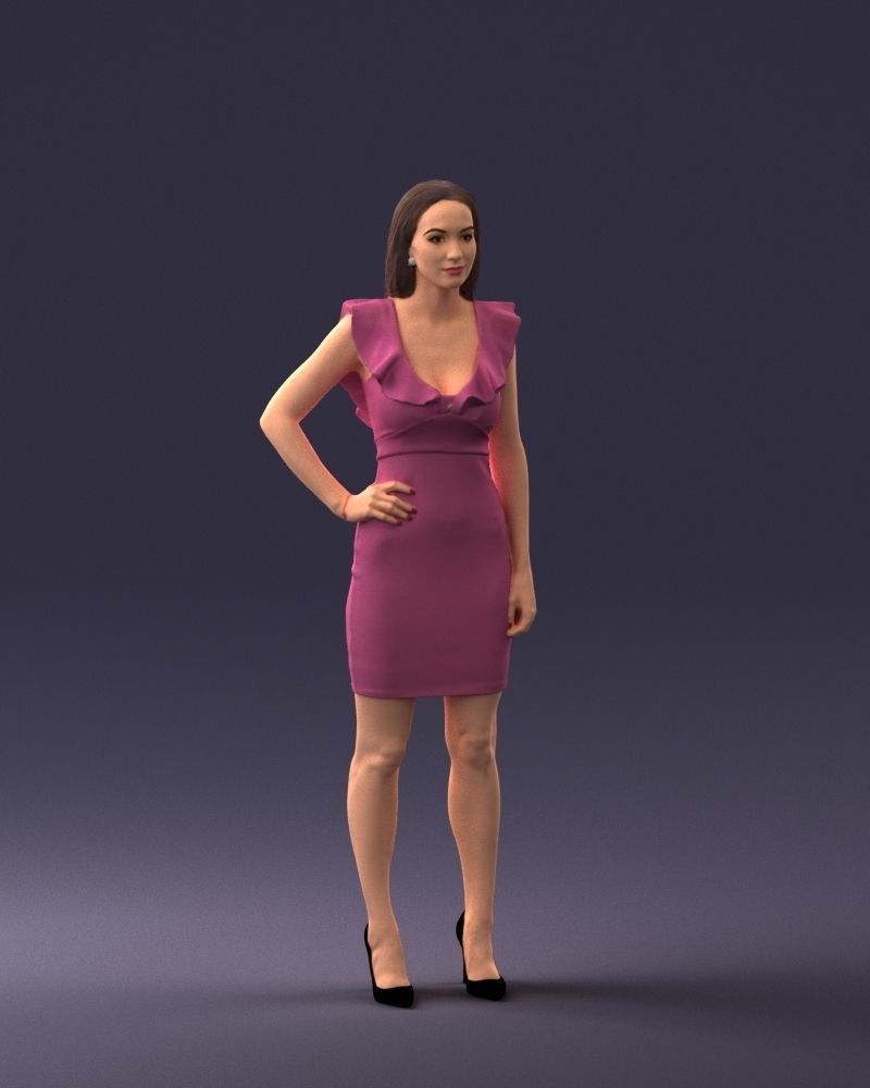 000163 Standing Woman in Pink Dress with Ruffled Neckline 3dp 3D print model_6
