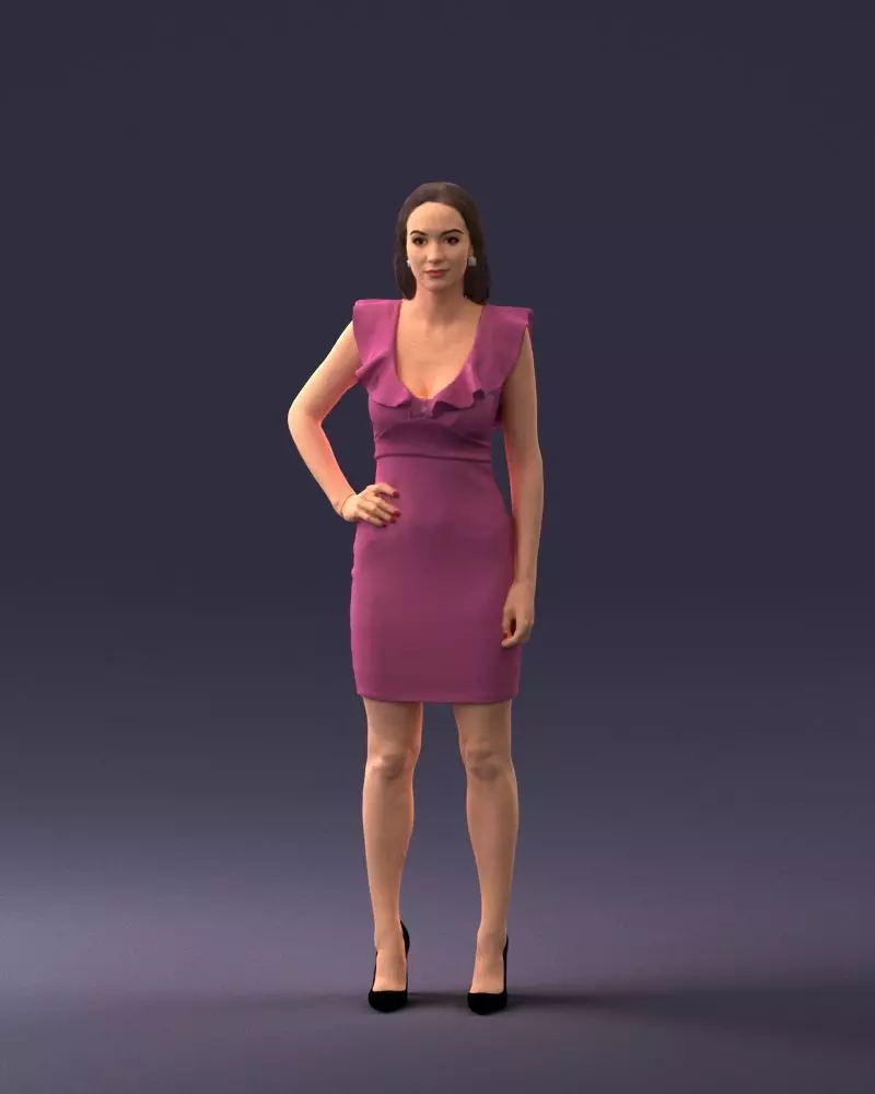 000163 Standing Woman in Pink Dress with Ruffled Neckline 3dp 3D print model_0