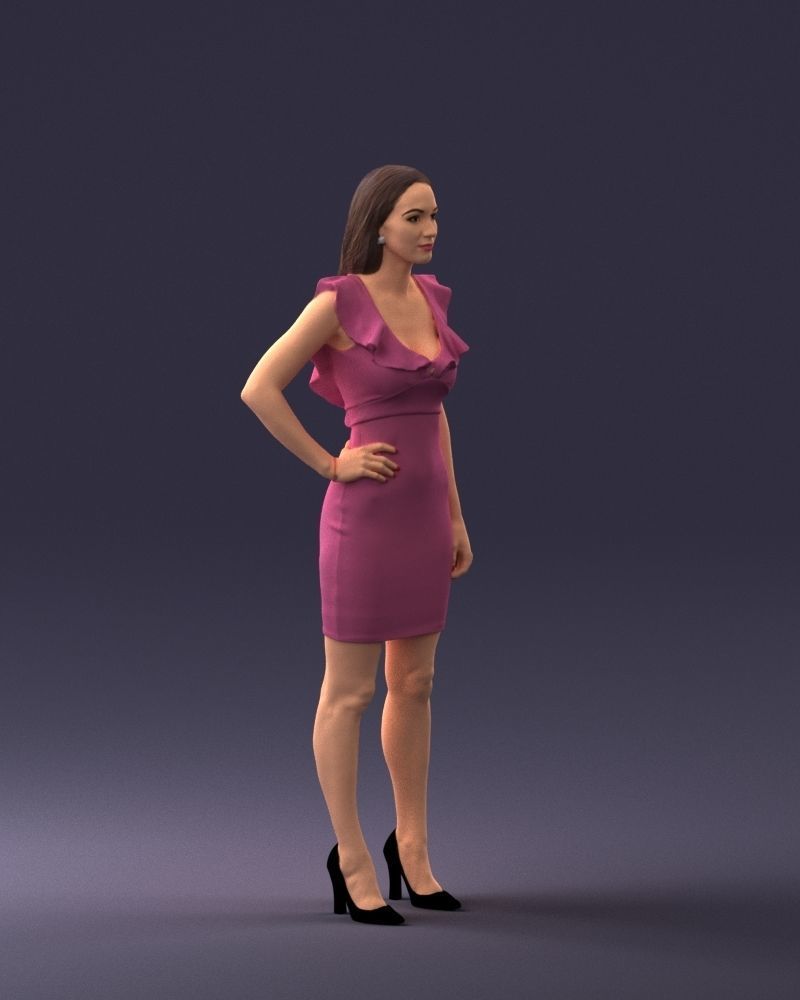 000163 Standing Woman in Pink Dress with Ruffled Neckline 3dp 3D print model_9