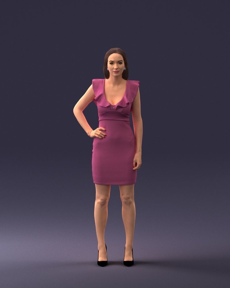 000163 Standing Woman in Pink Dress with Ruffled Neckline 3dp 3D print model_3