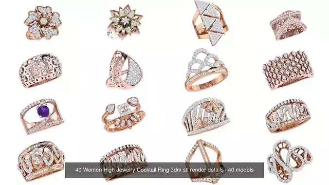 40 Women High Jewelry Cocktail Ring 3dm stl render details