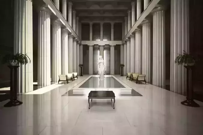 Fancy Hall With Statues And Fountian Scene 3D model