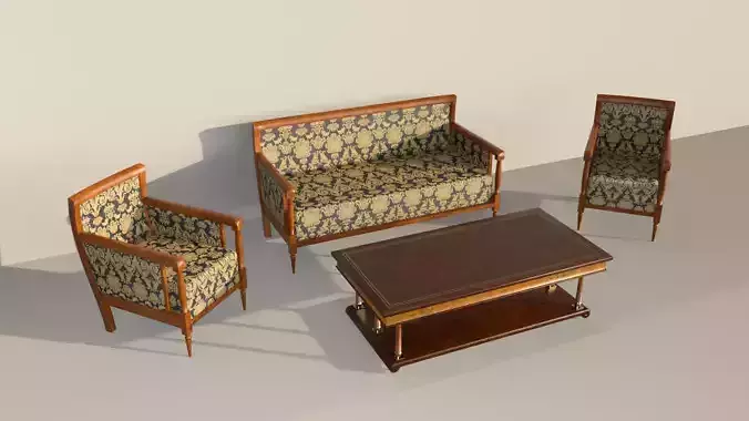 19th Sofa Armchair and Coffee Table Biedermeier Style for Daz Low-poly 3D model