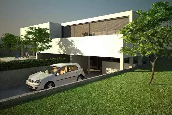 Modern House With Garage Scene 3D model