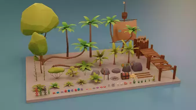 Low Poly Tropical Nature - Palm trees grass plants and rocks