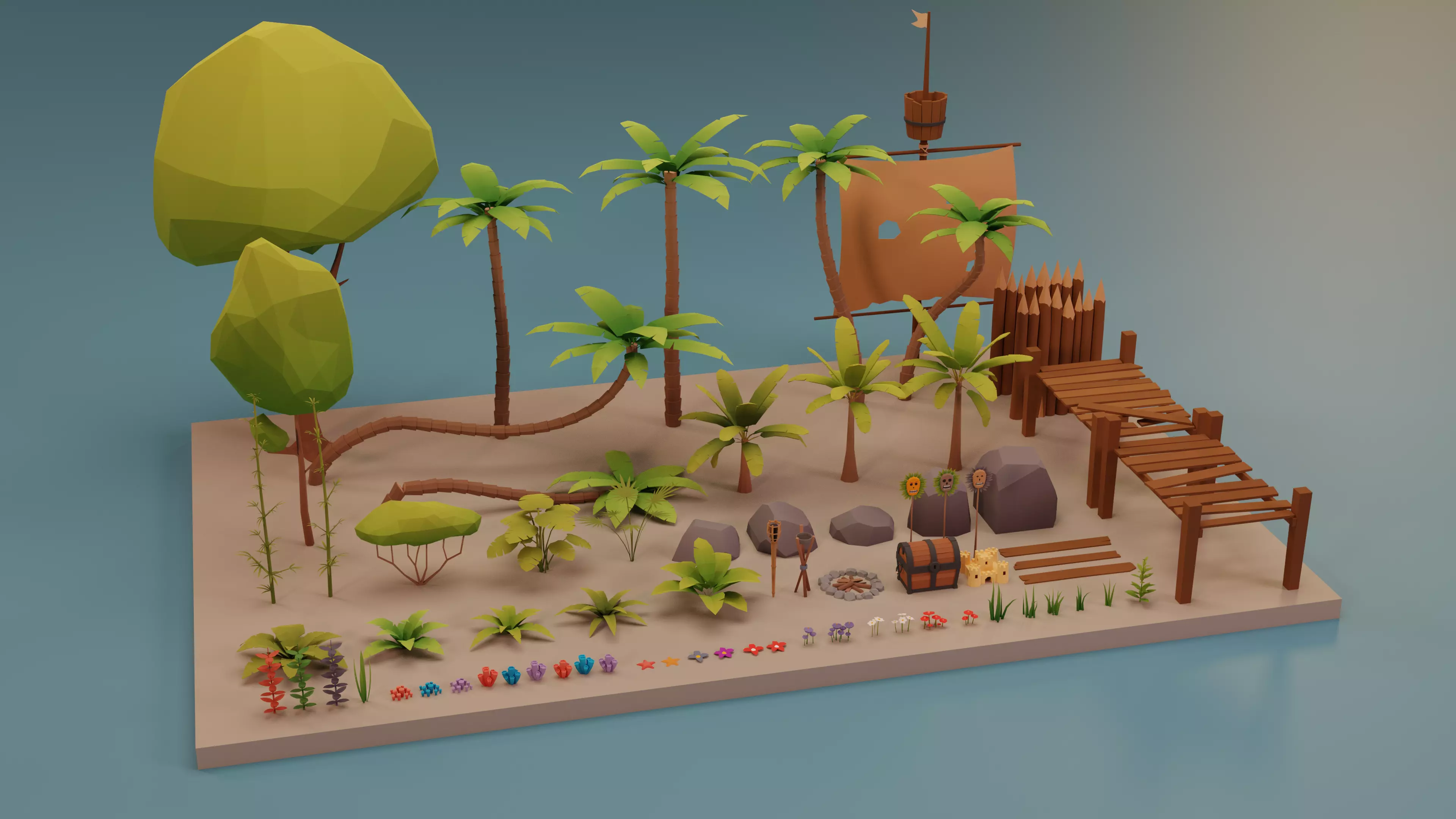 Low Poly Tropical Nature - Palm trees grass plants and rocks Low-poly 3D model