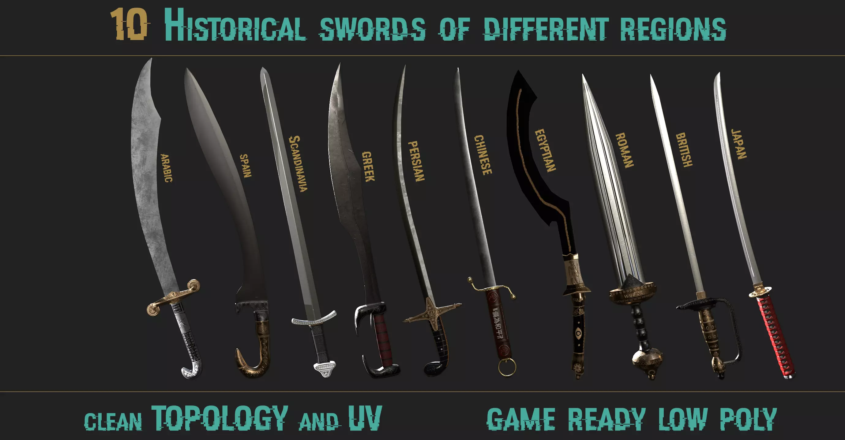 Historical swords of different regions Low-poly 3D model_0