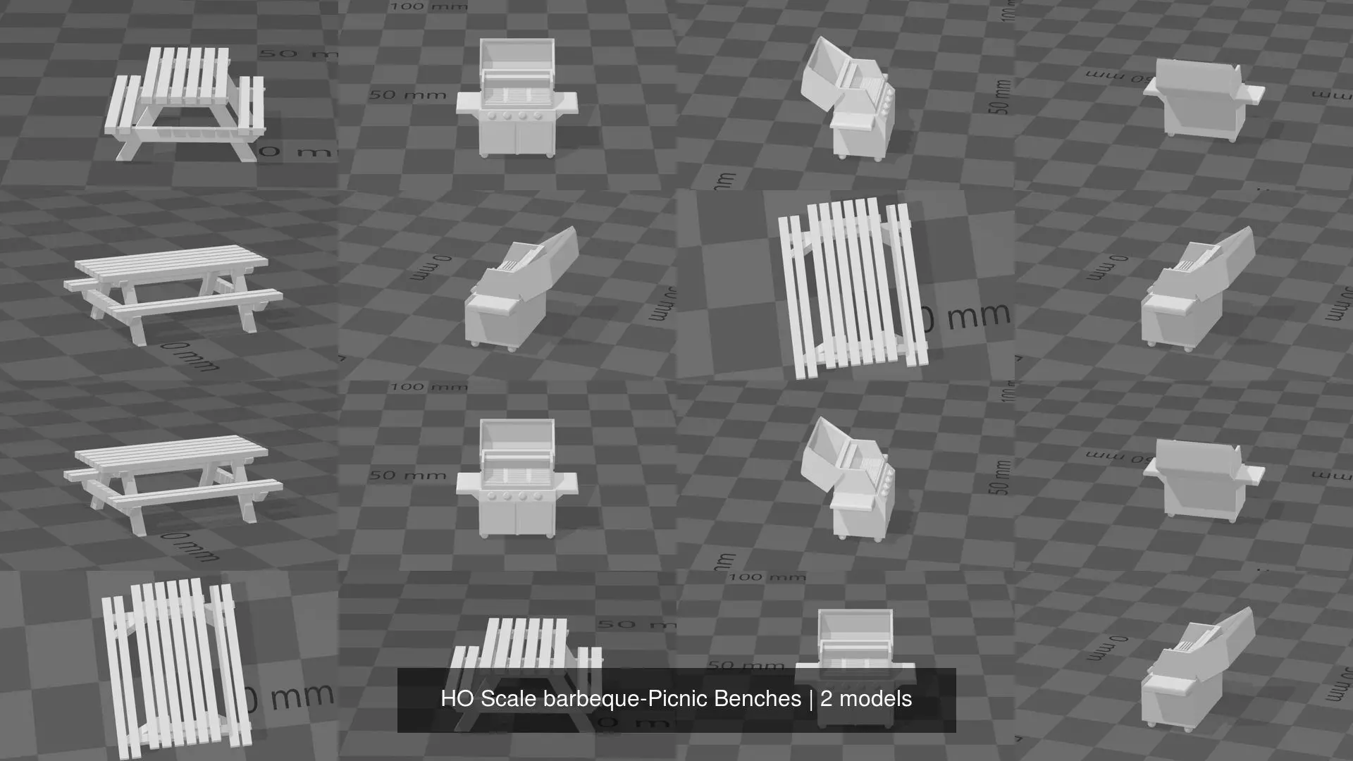 HO Scale barbeque-Picnic Benches 3D Model Collection_0