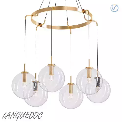 LANGUEDOC five glass globes hanging from gold chandelier