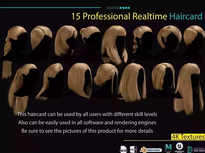 15 Profesional Realtime Haircard Low-poly 3D model