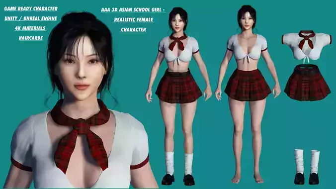 AAA 3D ASIAN-KOREAN SCHOOL GIRL - REALISTIC GAME READY CHARACTER Low-poly 3D model