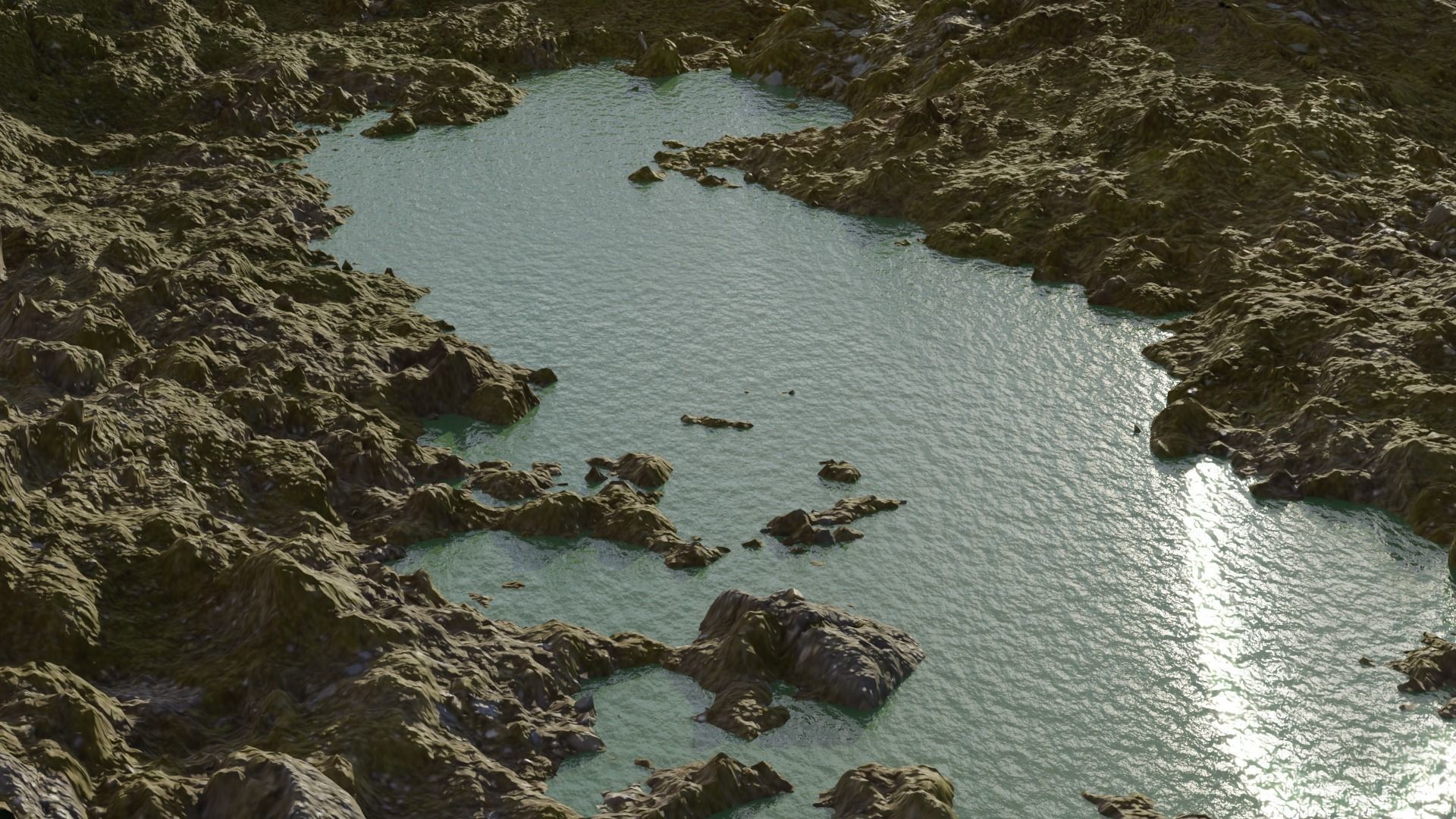 river lake in middle of mountain Free 3D model_2