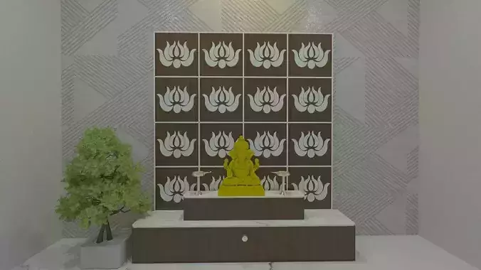 temple room with lotus statue on wall