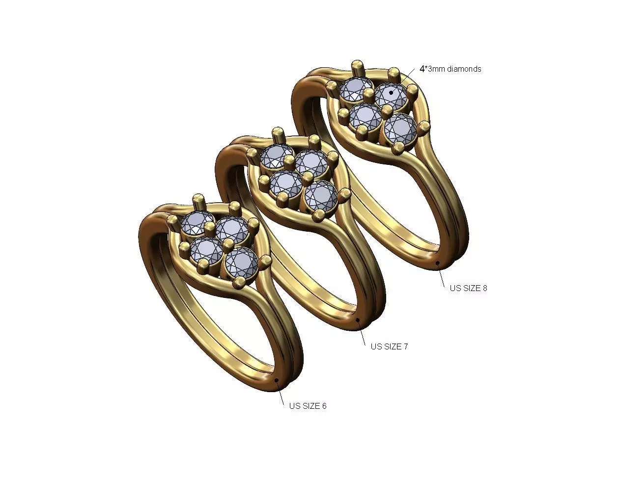  Split shank 3mm diamonds cluster ring US sizes 6 7 8 3D print model_0