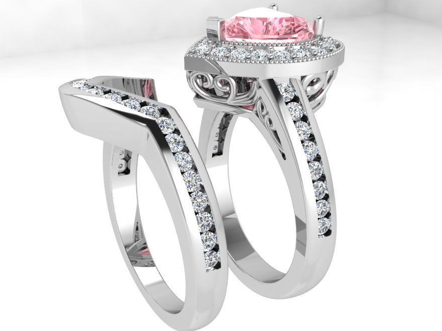 Pink stone heart diamond ring with band 3432 3D print model 3D print model_2