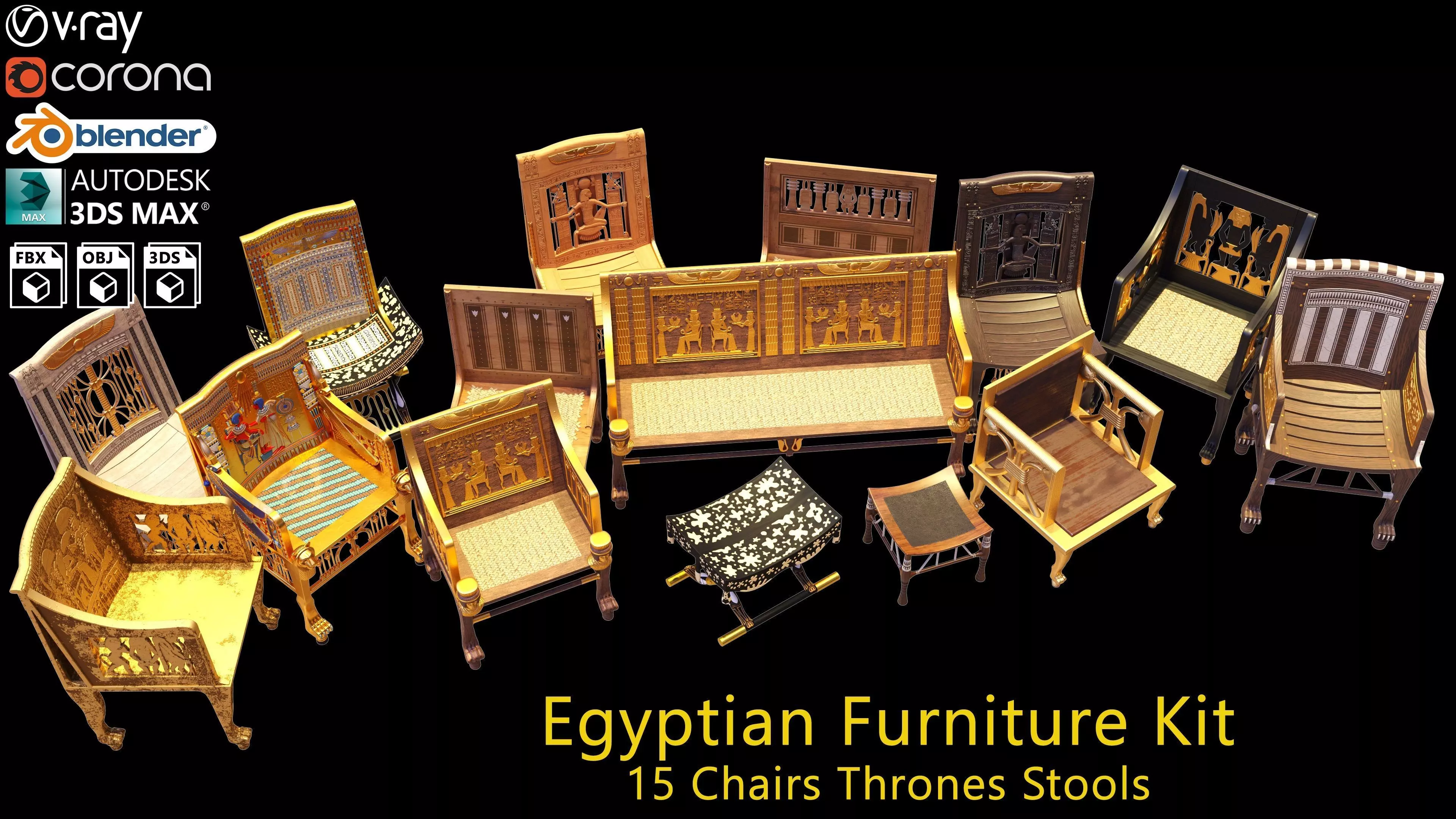 Egyptian Furniture Kit - 15 Chairs Thrones Stools 3D model