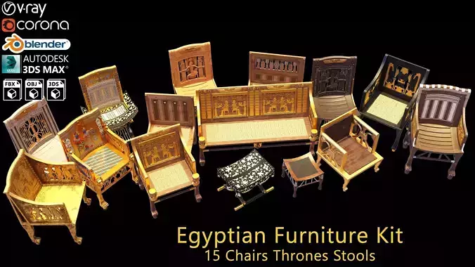 Egyptian Furniture Kit - 15 Chairs Thrones Stools 3D model