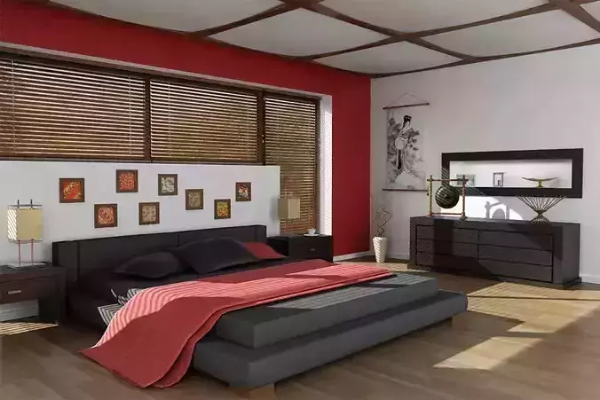 Dark Bedroom With Red Details