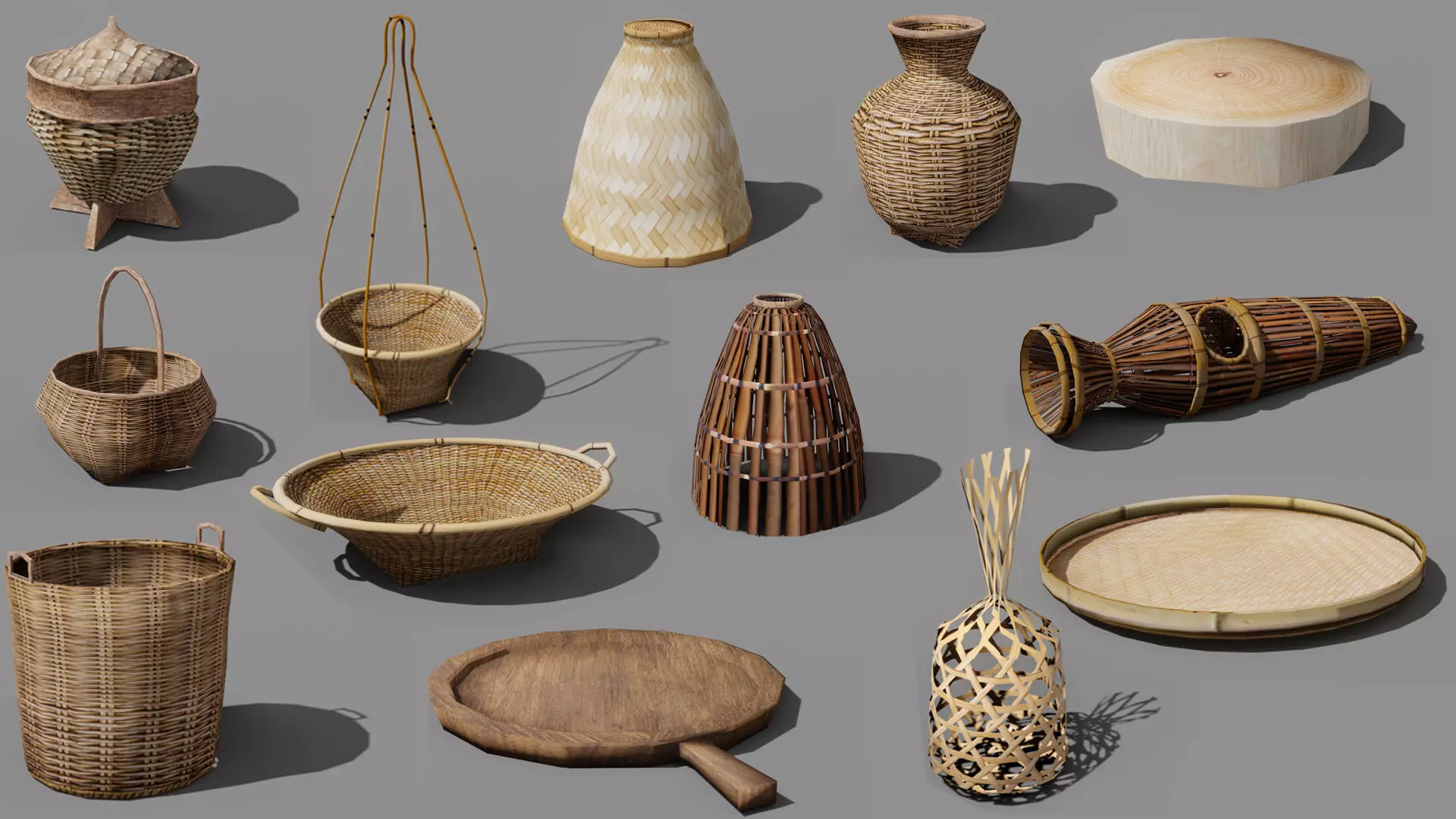  basketry Tools  and wooden tools Low-poly 3D model_0